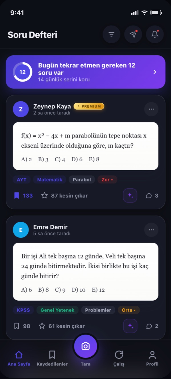 Soru Defteri uygulaması ana akış ekranı — tekrar kartı ve topluluk soruları